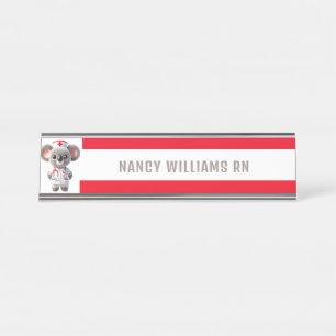 Cute Koala Bear Nurse with Red Stethoscope Desk Name Plate