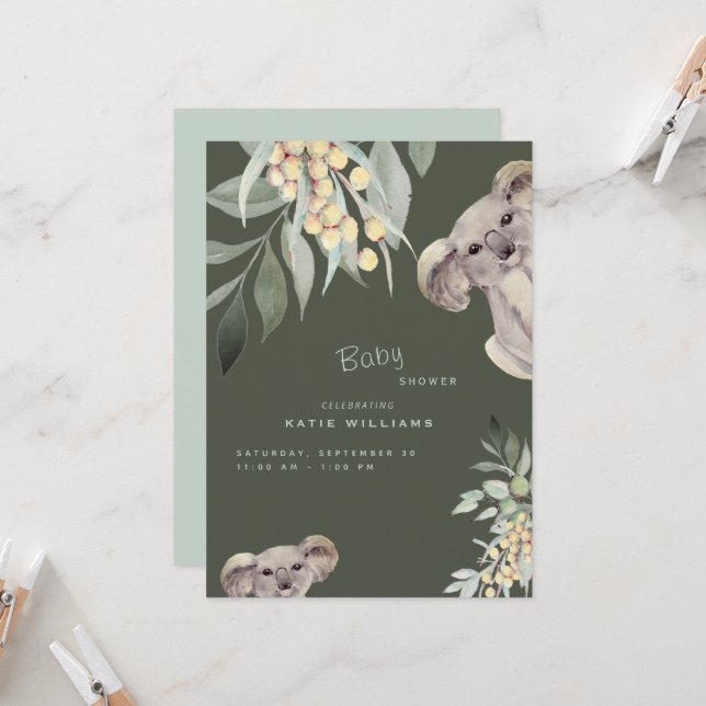 Cute Koala Bear Olive Baby Shower  Invitation (Front/Back In Situ)