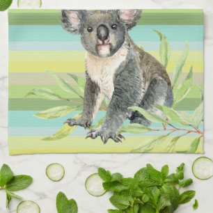 Cute Koala bear on green striped bg custom name  Tea Towel