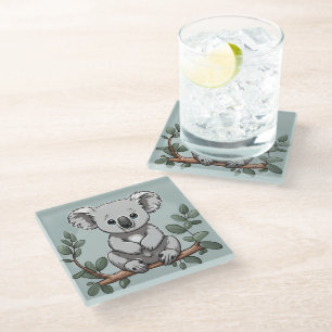 Cute koala bear on teal glass coaster