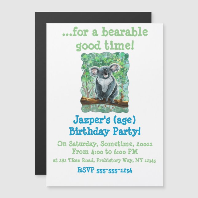Cute Koala Bear Party Centre Magnetic Invitation (Front/Back)