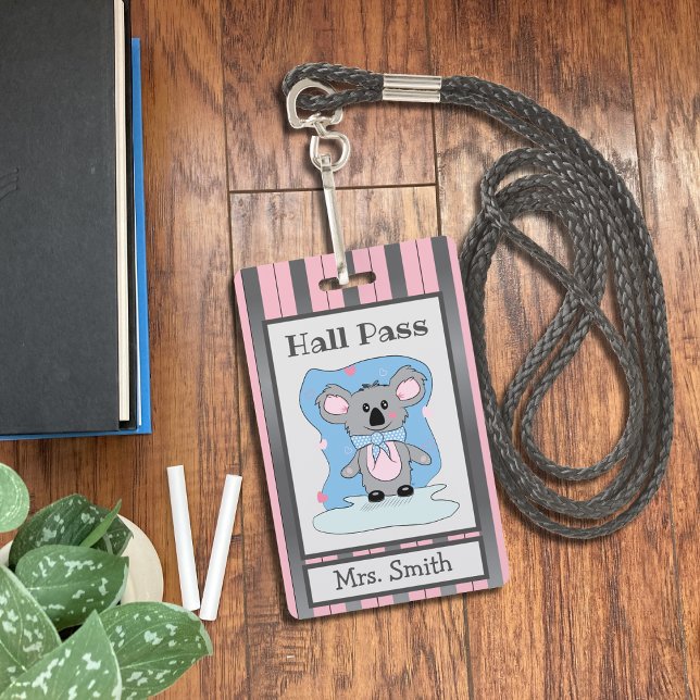 Cute Koala Bear Pink and Grey Hall Pass Badge ID Badge (Creator Uploaded)