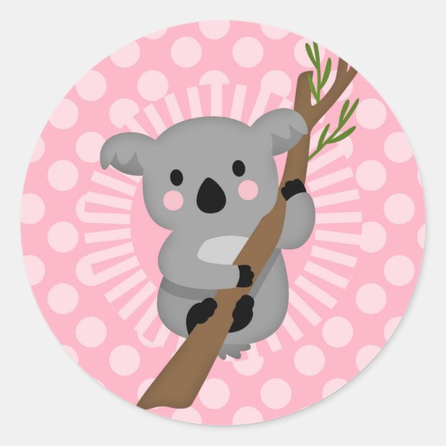Cute Koala Bear - Pink Gray Girl Classic Round Sticker (Front)