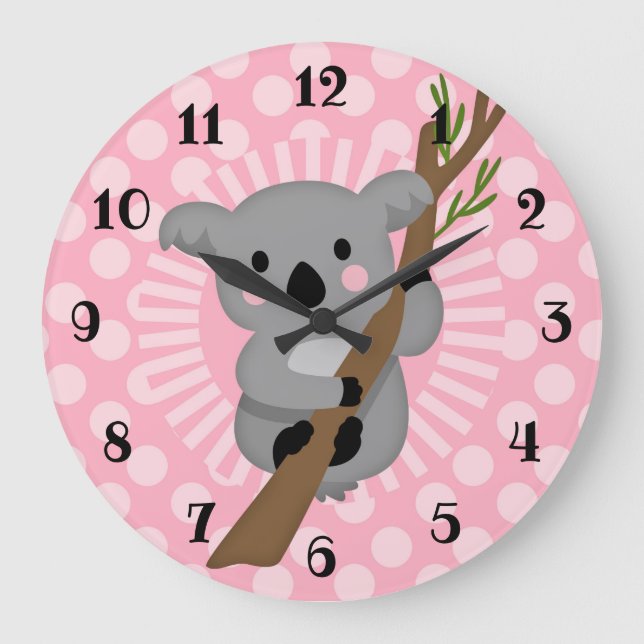 Cute Koala Bear - Pink Grey Girl Large Clock (Front)