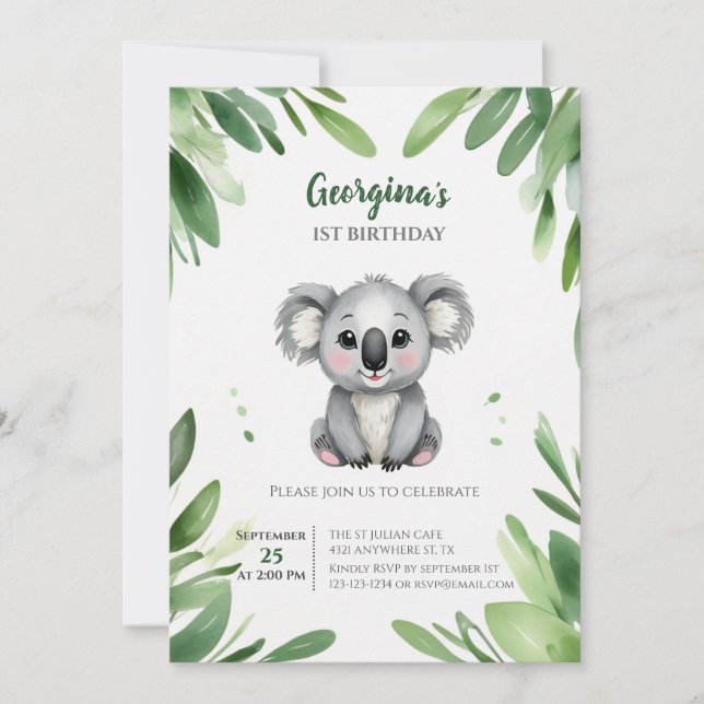 Cute Koala Bear with Green Leaves First Birthday Invitation (Front)