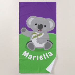 Cute koala bear with leaves cartoon illustration beach towel