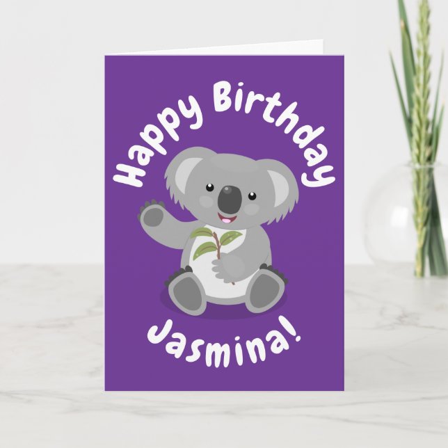 Cute koala bear with leaves cartoon illustration card (Front)