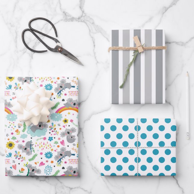 Cute Koala Bear Wrapping Paper Set of 3 (Front)