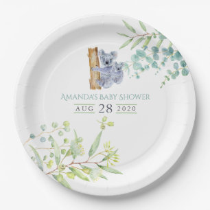 Cute Koala Bears Eucalyptus Leaves Baby Shower Paper Plate