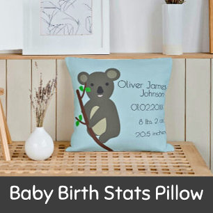Cute Koala Blue Baby Boy Birth Stats Cushion