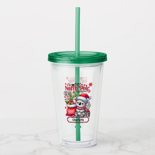 Cute Koala Chirstmas Personalised Name Acrylic Tumbler (Front)