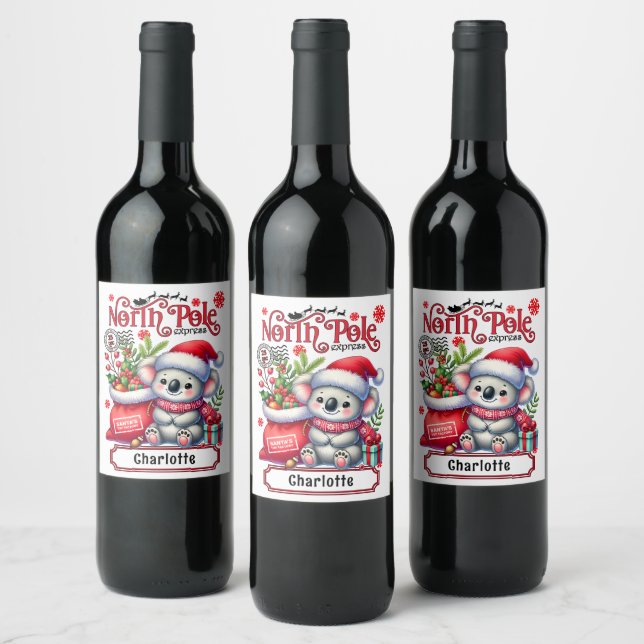 Cute Koala Chirstmas Personalised Name Wine Label (Bottles)