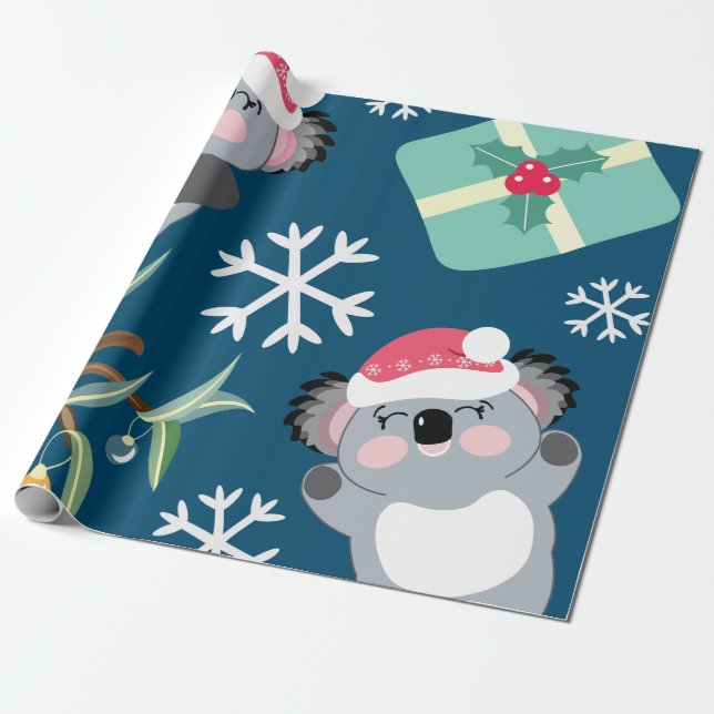Cute Koala Christmas Wrapping Paper (Unrolled)