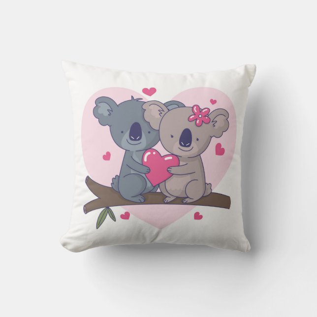 Cute Koala Couple with Red Heart Cushion (Front)