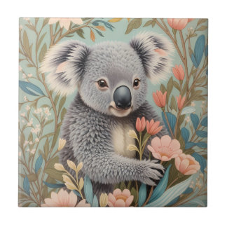 Cute Koala Elegant Pastel Floral Ceramic Tile