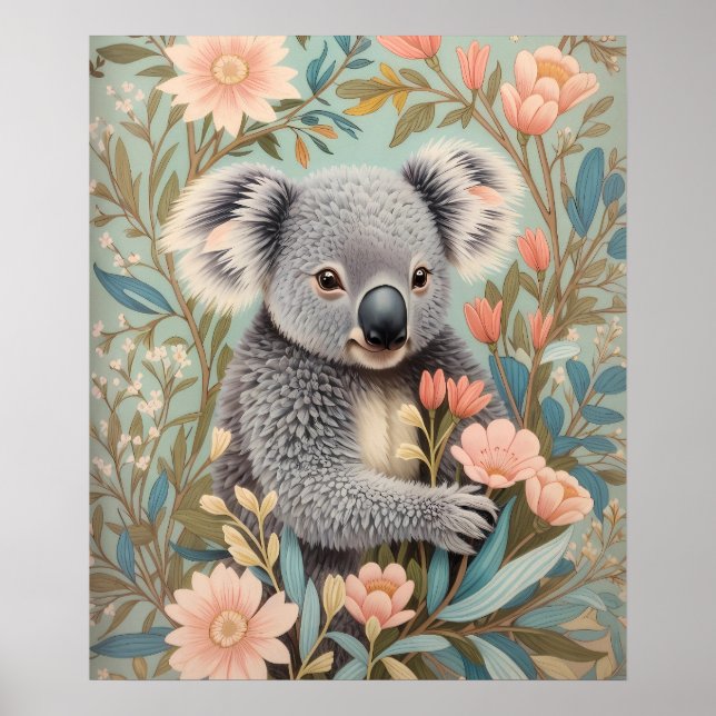 Cute Koala Elegant Pastel Floral Poster (Front)