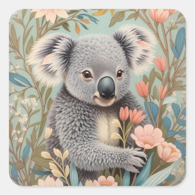Cute Koala Elegant Pastel Floral Square Sticker (Front)