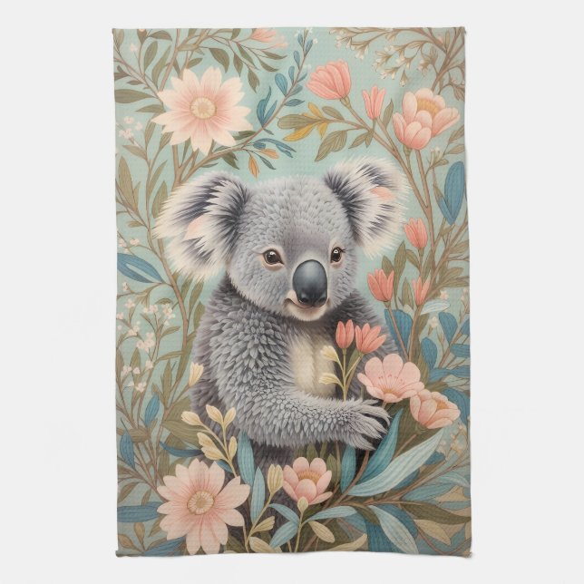 Cute Koala Elegant Pastel Floral Tea Towel (Vertical)