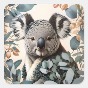 Cute Koala Eucalyptus Leaves Square Sticker