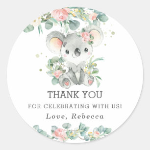 Cute Koala Eucalyptus Pink Floral Thank You Favor Classic Round Sticker