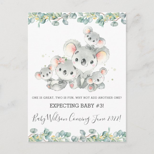 Cute Koala Family of Five Birth Announcement  Postcard (Front)