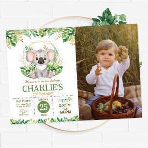 Cute Koala Floral Sage Greenery 2nd Birthday Photo Invitation