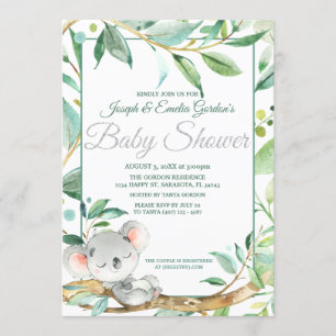 Cute Koala Green Gender Neutral Baby Shower Invitation