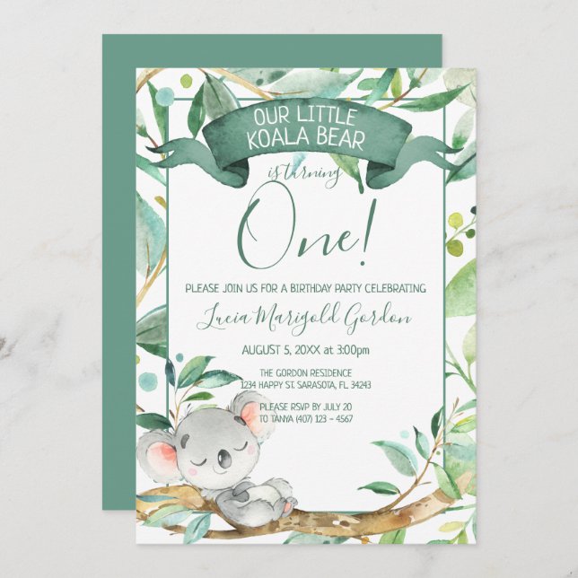 Cute Koala Green Grey First Birthday Party Invitation (Front/Back)