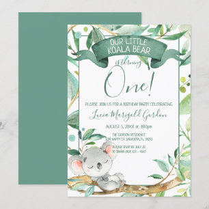 Cute Koala Green Grey First Birthday Party Invitation