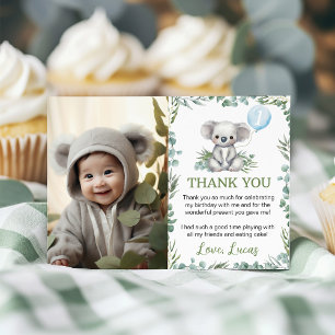 Cute Koala Greenery Birthday Party Photo Thank You Card