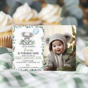 Cute Koala Greenery Birthday Photo Invitation