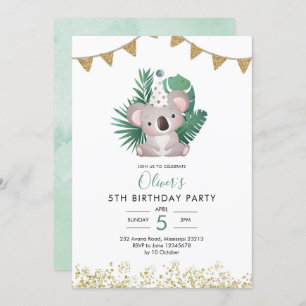 Cute Koala Greenery Kid's Birthday Invitation