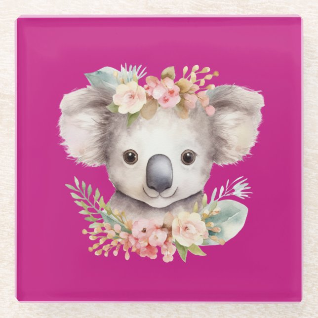 Cute Koala Hot Pink Glass Coaster (Front)