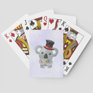 Cute Koala in a Black Top Hat Playing Cards