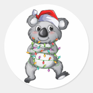Cute koala in christmas lights classic round stick sticker