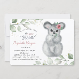Cute Koala Leaves Baby Shower Invitation