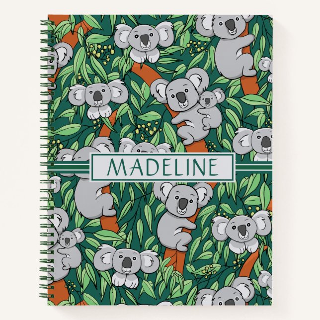 Cute Koala Pattern Personalised Hunter Green Notebook (Front)