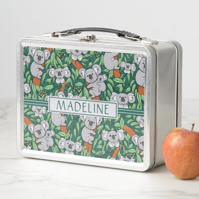 Cute Koala Pattern Personalized Hunter Green Metal Lunch Box (In Situ)