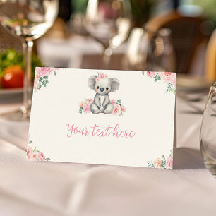 Cute Koala Pink Floral Birthday Party Food Tent Place Card