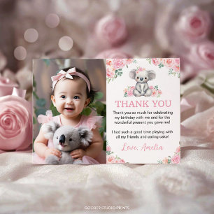 Cute Koala Pink Floral Birthday Party Photo Thank You Card