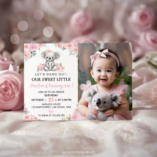 Cute Koala Pink Floral Birthday Photo Invitation