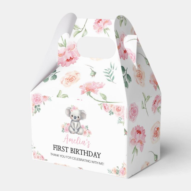 Cute Koala Pink Floral Girl Birthday Favour Boxes (Front Side)