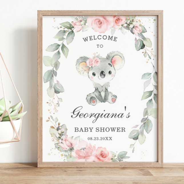 Cute Koala Pink Floral Sage Greenery Baby Shower Poster (Creator Uploaded)