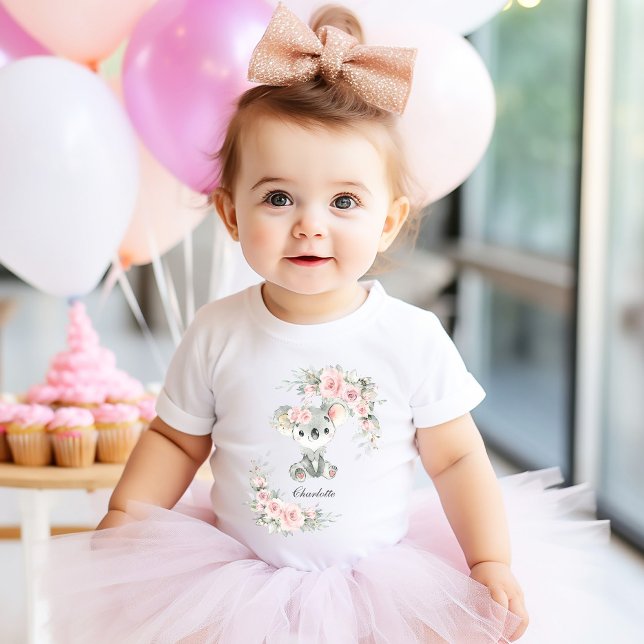 Cute Koala Pink Floral Sage Greenery Birthday Baby T-Shirt (Creator Uploaded)