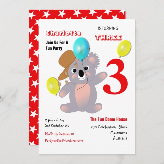 Cute Koala Teddy Bear Birthday Party Invite (Front/Back)