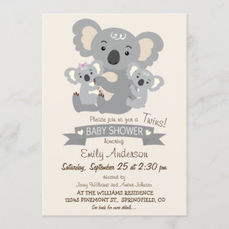 Cute Koala Twins Baby Shower Invitation