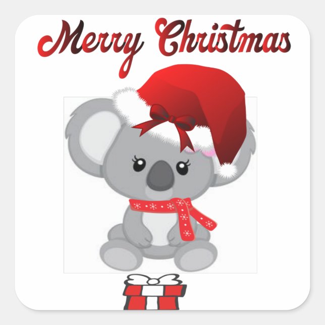 Cute koala with a santa klaus hat climbing    square sticker (Front)