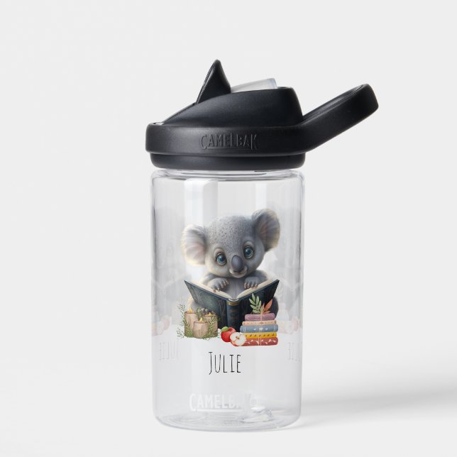 Cute Koala with Book Kids School Personalised Name Water Bottle (Left)
