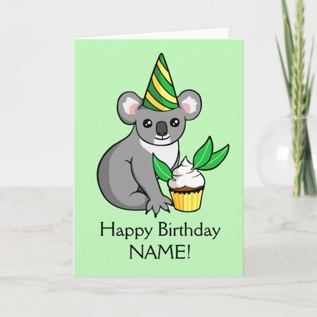 Cute Koala with Cake Drawing Happy Birthday Card (Front)