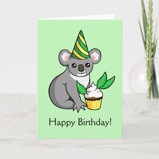 Cute Koala with Cake Drawing Happy Birthday Card (Front)